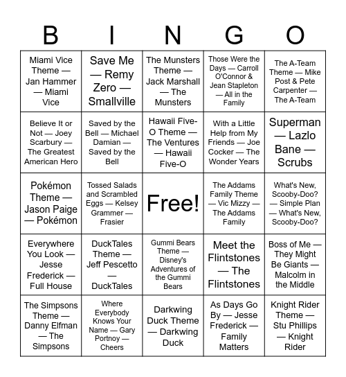 Cartoon/TV Intros Bingo Card