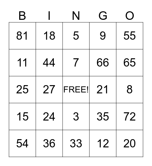 Multiplication Bingo Card