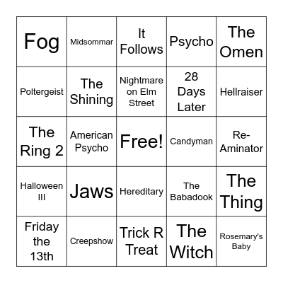 Horror Movies 2 Bingo Card