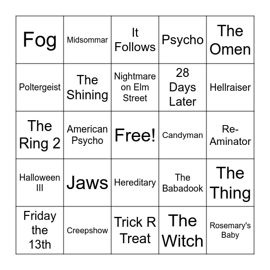 Horror Movies 2 Bingo Card