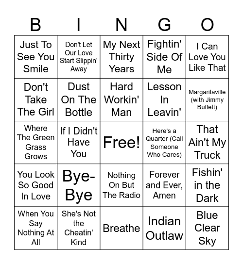 Everything and Anything 90s Country Music Bingo Card