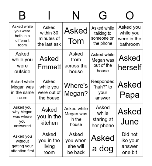 Where's Megan? Bingo Card