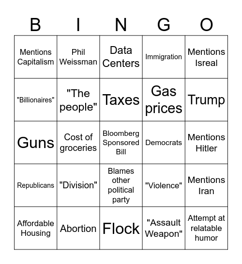 Political Talking Points Bingo Card