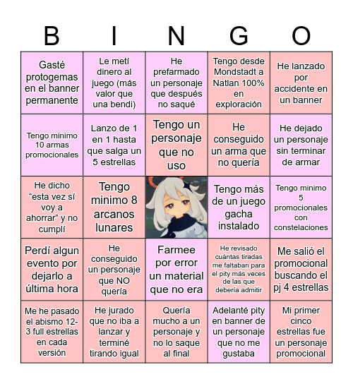 Bingo de los Pecados Gacha Bingo Card