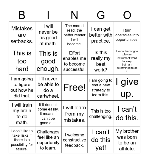 Mindset Bingo Card