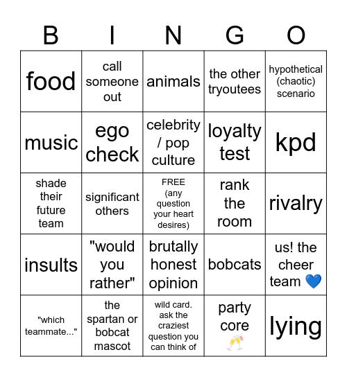 BRAINSTORMING TRYOUT QUESTIONS Bingo Card