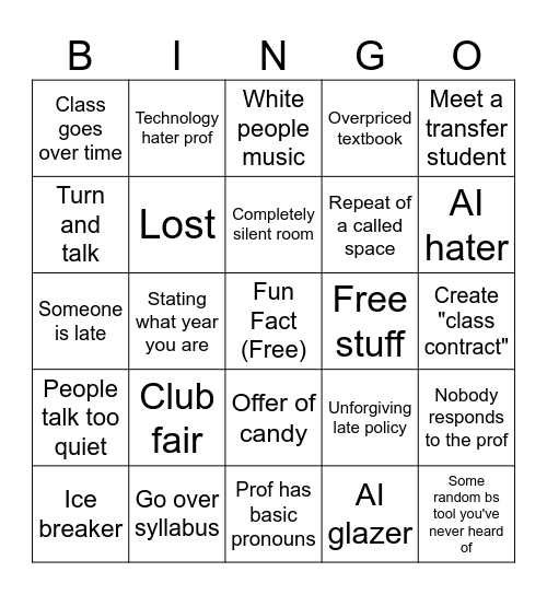 First Day of College Bingo Card