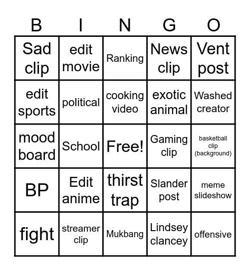 tiktok bingo Card
