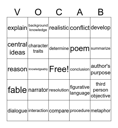 ELA Bingo Card