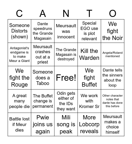 Canto X Bingo (Part 3) Bingo Card