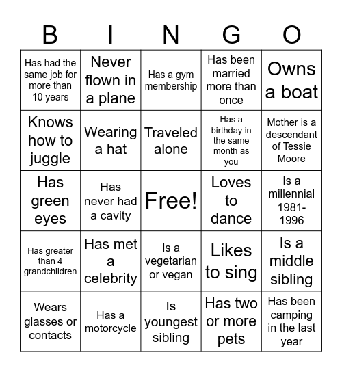 Moore Family Reunion Bingo Card