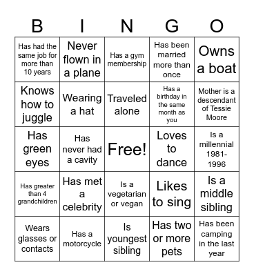 Moore Family Reunion Bingo Card