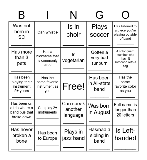 Middle School Night Bingo Card