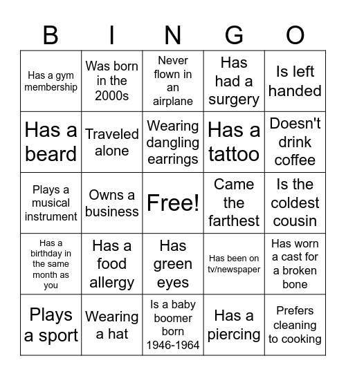 Moore Family Reunion Bingo Card