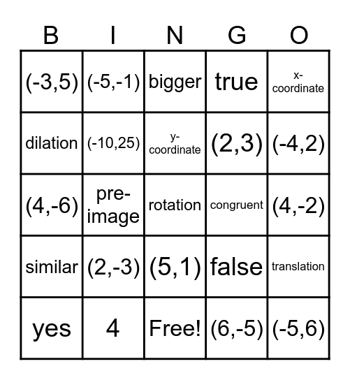 Transformations Bingo Card