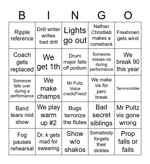 DNHS Marching Band Bingo Card