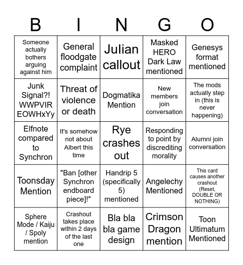 Rye Crashout Bingo Card