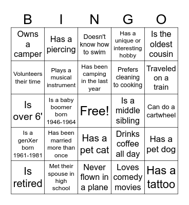 Moore Family Reunion Bingo Card