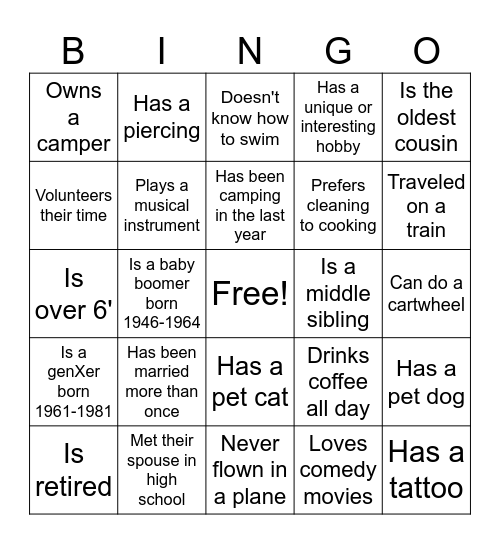 Moore Family Reunion Bingo Card