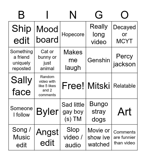 tiktok scrolling Bingo Card