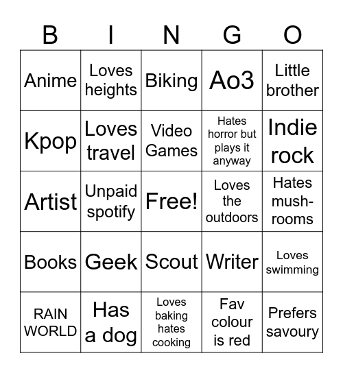 Tessa Bingo Card