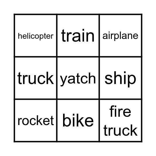 means of transport Bingo Card