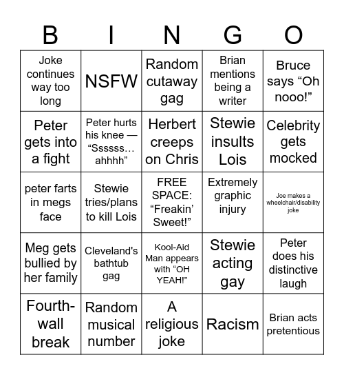Family guy Bingo Card