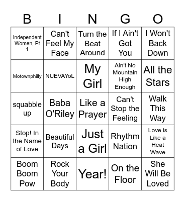 Super Bowl Half Time Hits Bingo Card