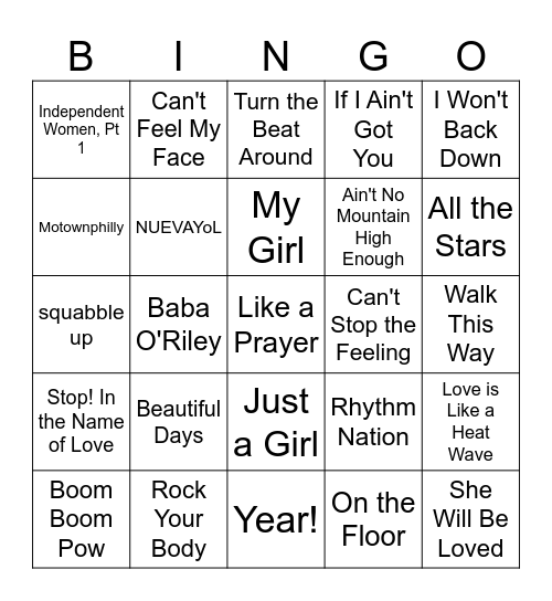 Super Bowl Half Time Hits Bingo Card