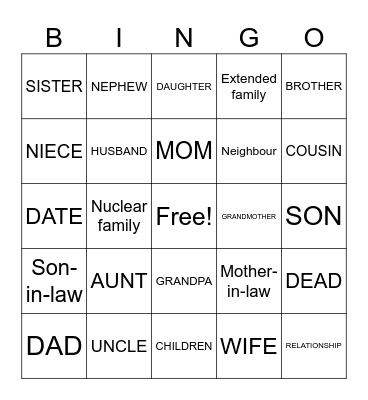 Family relationships Bingo Card