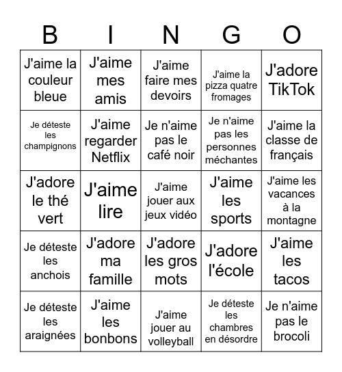 J'adore, J'aime, Je n'aime pas, Je déteste Bingo Card