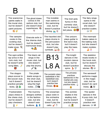 B13 L8 A The zombie skates in the skating club, but he doesn't practice jumps. ⛸️🧟 Bingo Card