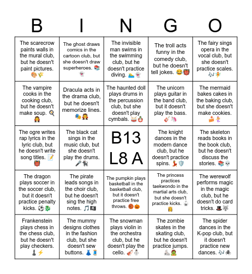 B13 L8 A The zombie skates in the skating club, but he doesn't practice jumps. ⛸️🧟 Bingo Card