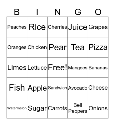 Food Bingo Card