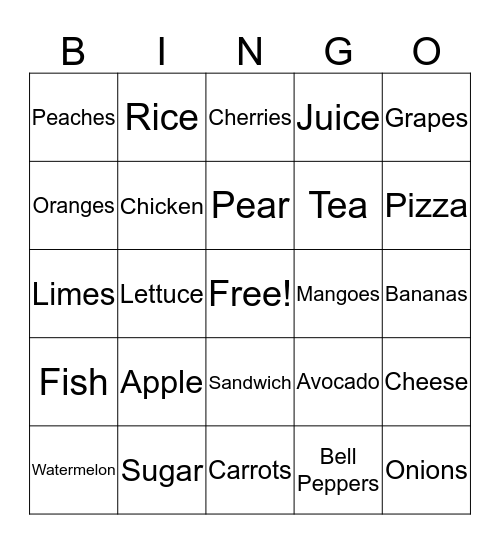 Food Bingo Card