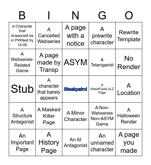 Roblox Webseries Wiki Bingo Card