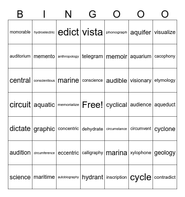 Roots Vocabulary Bingo Card