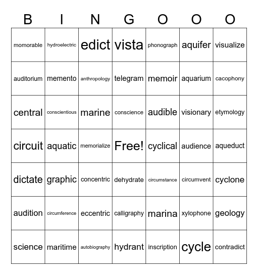 Roots Vocabulary Bingo Card