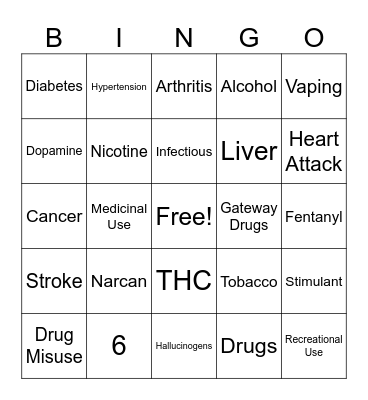 Disease, Drugs, Alcohol, Tobacco Bingo Card