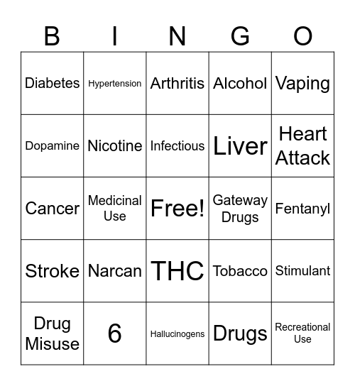 Disease, Drugs, Alcohol, Tobacco Bingo Card