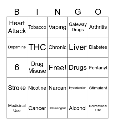 Disease, Drugs, Alcohol, Tobacco Bingo Card