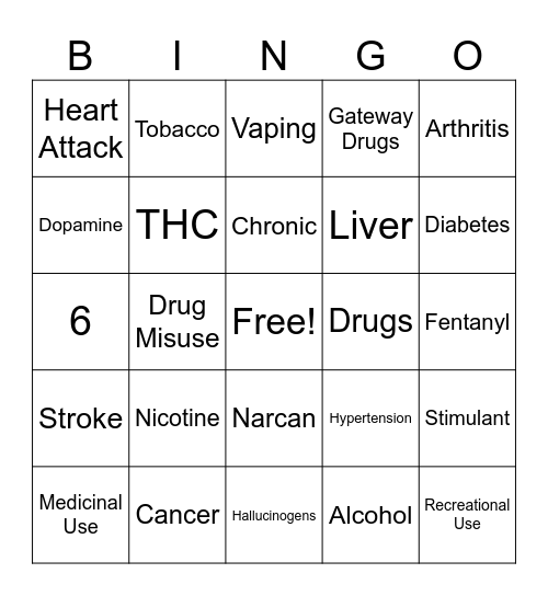 Disease, Drugs, Alcohol, Tobacco Bingo Card