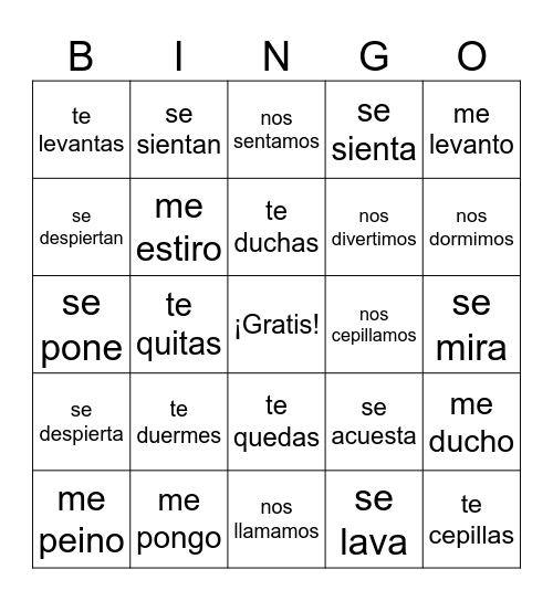 Capítulo 2: Verbos reflexivos Bingo Card