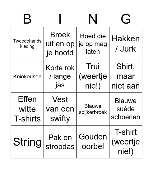 Kledingstukkenbingo Card