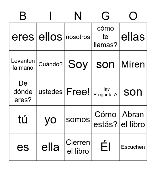 Spanish Chapter 1 Vocab Bingo Card