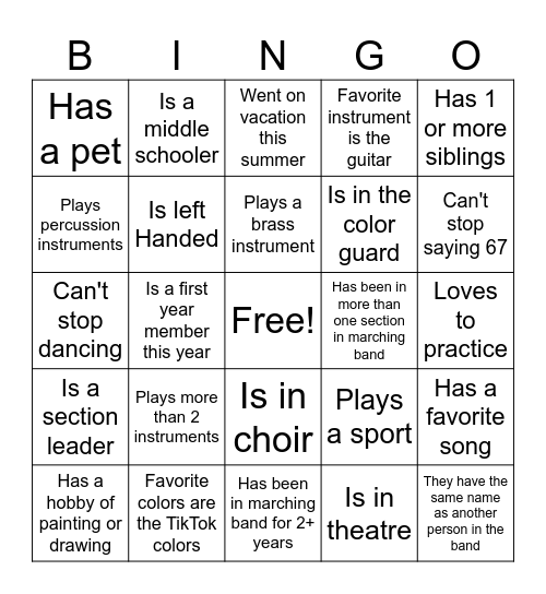 Marching Band Bingo 2026 Bingo Card