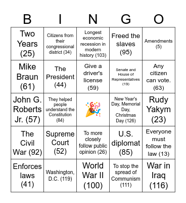 Citizenship Bingo Set 4 Bingo Card