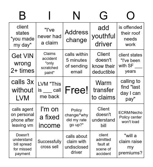 STATE FARM BINGO Card