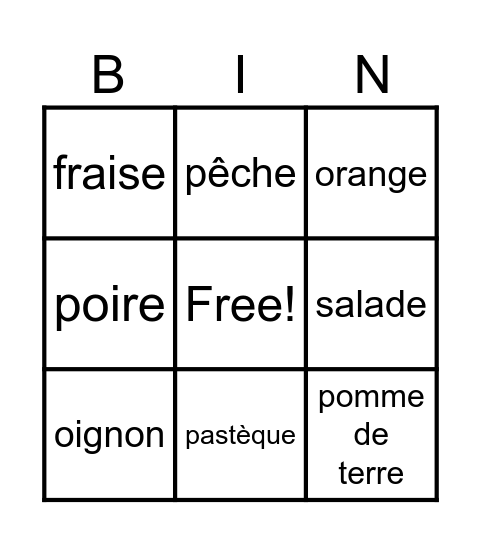 Fruits et légumes Bingo Card