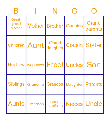 Family Members Bingo Card